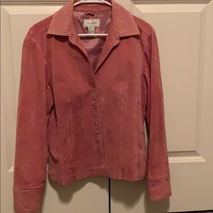 Pink suede snap button jacket.